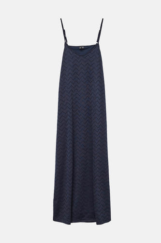 Robe sans manches bleu marine de Vero Moda, avec un motif zigzag perforé et des rubans spaghetti.
