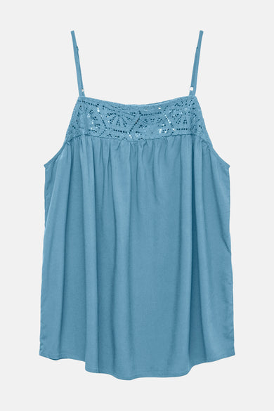 Blouse sans manches bleue de VERO MODA® avec des détails bordés en haut et des fines bretelles.