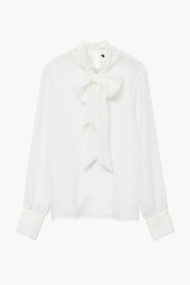 Blouse écru à longues manches de VERO MODA®, avec un détail de cordon au col et une subtile texture.