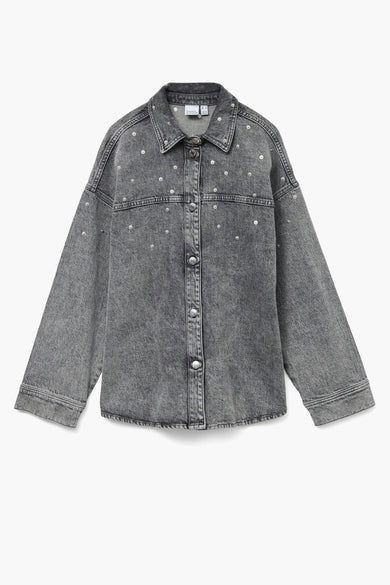Chemise en jeans gris de VERO MODA, décorée de strass et à longues manches, vue sur l'arrière.