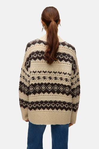 Sweat-shirt écru avec col rond de VERO MODA, doté d'un motif géométrique marron.