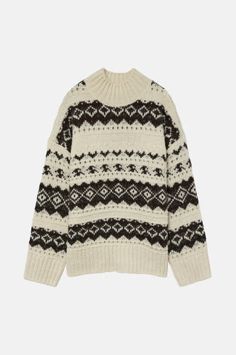 Sweat-shirt écru avec col rond de VERO MODA, doté d'un motif tricot fair isle marron foncé et de détails ouverts.