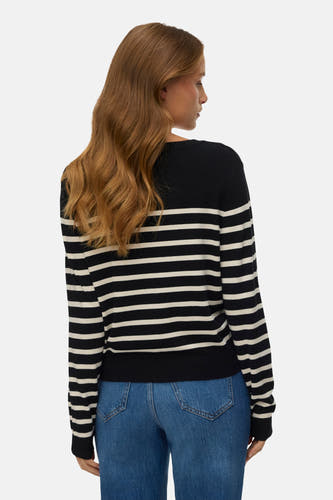 Gilet tricoté noir de VERO MODA, avec un motif rayé, associé à un jean bleu.