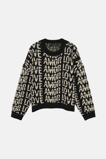 Pull noir avec col rond de VERO MODA, avec motif 'Love', 'Amor' et 'Ami'.