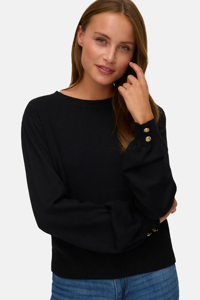 Pull noir avec col rond de VERO MODA, terminé avec des boutons dorés sur la manche.