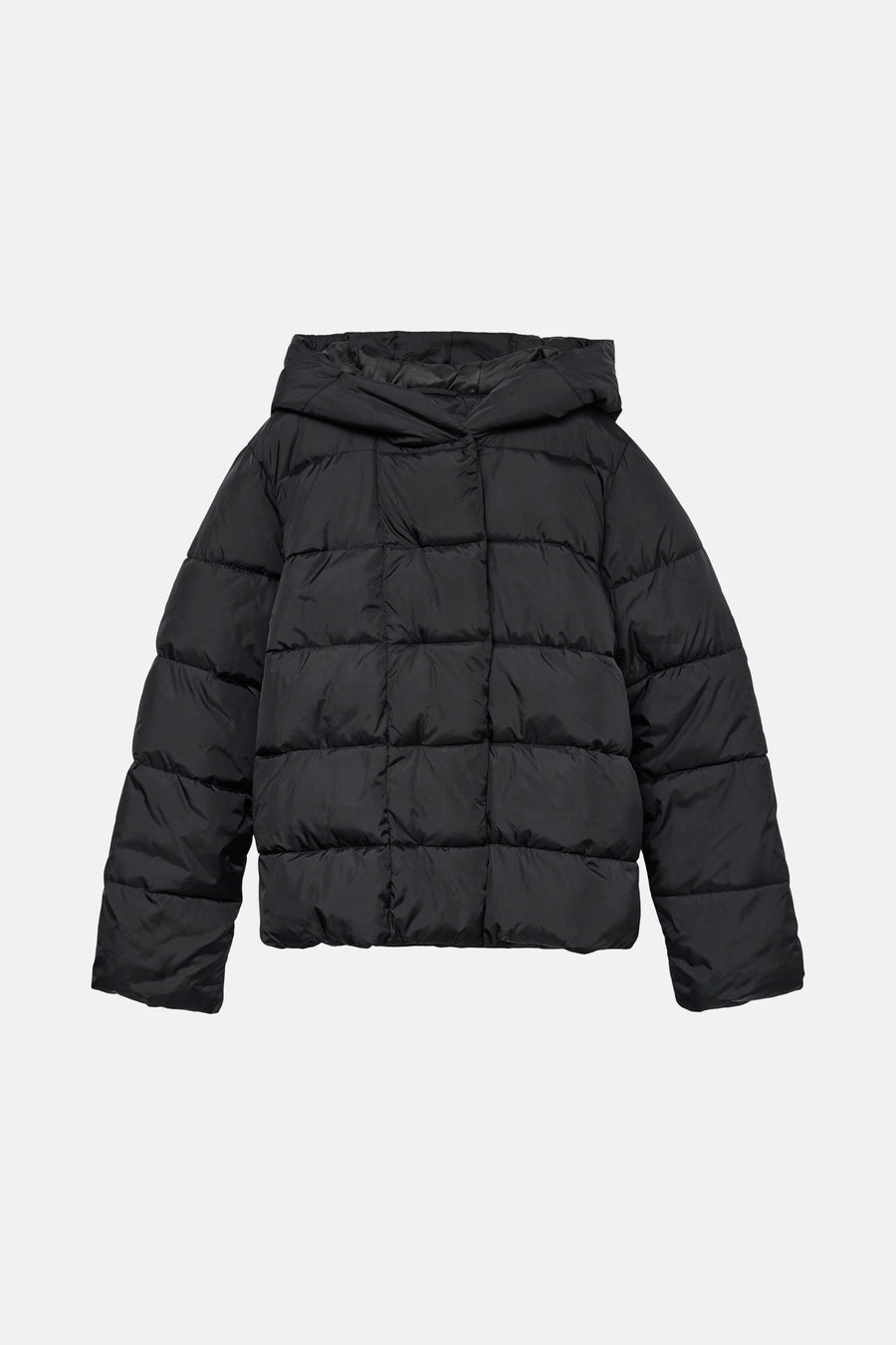 Manteau court noir de VERO MODA, avec un design matelassé et une capuche.