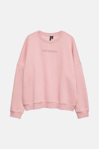 Gilet rose de VERO MODA avec le texte "Rose Elegance" subtilement brodé sur la poitrine.