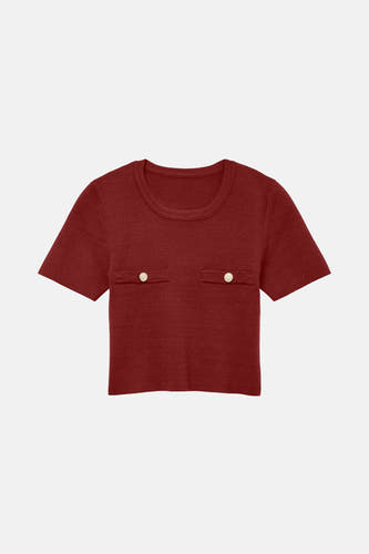 Sweat-shirt couleur bordeaux de VERO MODA, avec des manches courtes et deux boutons décoratifs dorés.