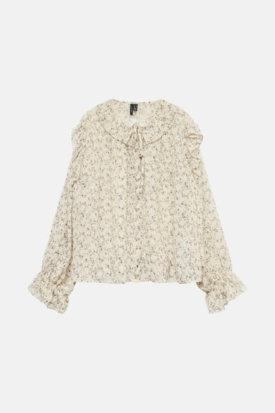 Chemise beige à manches longues de VERO MODA, avec imprimé floral, volants et détail de cordon.