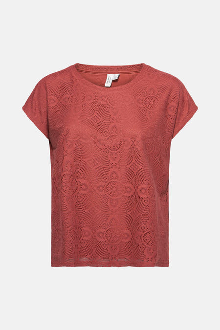 Blouse brune à manches courtes de VERO MODA, avec un fin motif en dentelle pour une texture élégante.