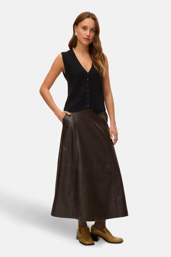 Long manteau brun de VERO MODA, avec un aspect cuir et un modèle A-ligne.