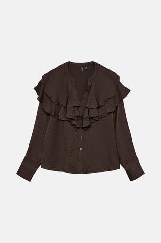 Blouse brune à longues manches de VERO MODA, avec des plis devant et une fermeture à bouton.