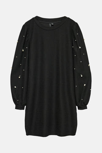 Robe noire à longues manches de VERO MODA, avec des manches bouffantes et ornée de perles.