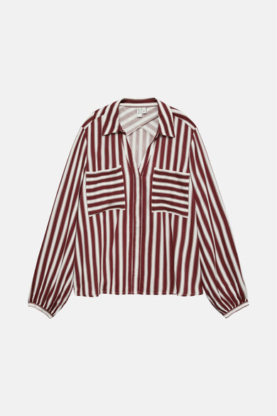 T-shirt Bordeaux à manches longues de VERO MODA®, avec des rayures verticales blanches et deux poches po.
