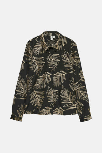 Chemise noire à manches longues de VERO MODA, avec un motif de feuille dorée.