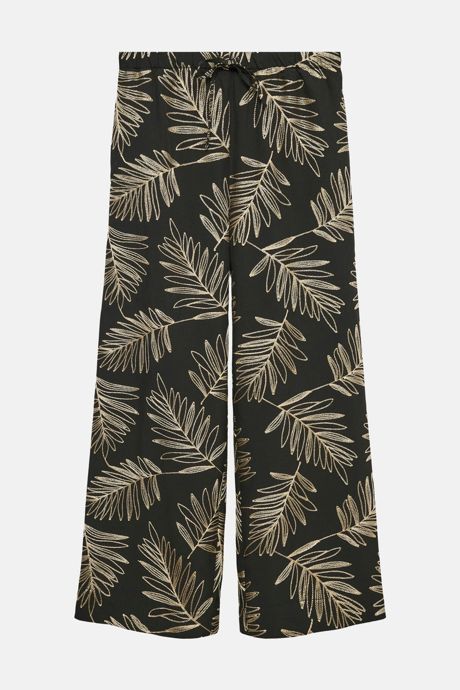 Wijde zwarte broek met gouden bladprint.