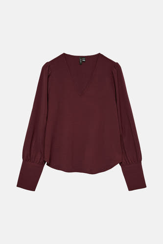 Blouse Bordeaux à longues manches de VERO MODA®, avec col en V et manches plissées.