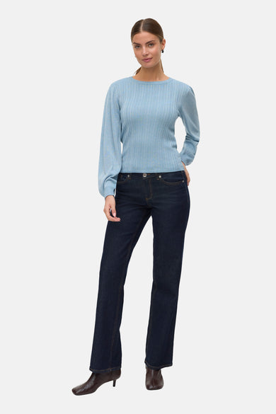 T-shirt bleu avec col rond de VERO MODA, à longues manches et en texture côtelée.