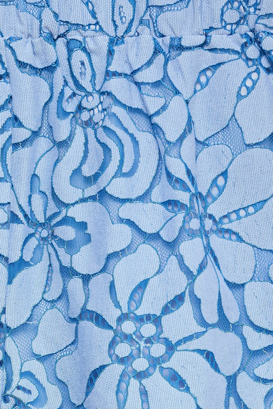 Détail d'un short bleu clair de VERO MODA avec un motif floral en dentelle.