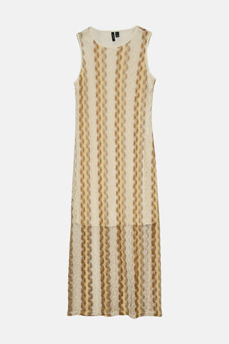 Robe sans manches en crochet de VERO MODA avec des motifs ondulés verticaux crème, beige et marron.