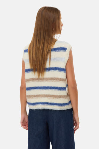 Multikleurig vest van VERO MODA met horizontale strepen in wit, bruin en blauw, gezien van achteren.
