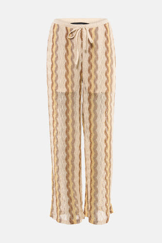 Pantalon multicolore de VERO MODA avec des rayures ondulées au crochet de couleur crème, marron et jaune et un cordon de serrage à la taille.