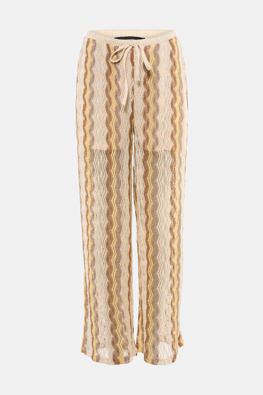 Pantalon multicolore de VERO MODA avec des rayures ondulées au crochet de couleur crème, marron et jaune et un cordon de serrage à la taille.
