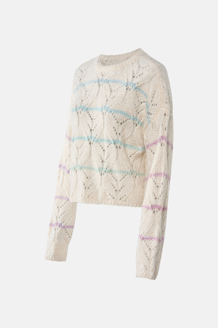 Gilet beige avec col rond de VERO MODA, avec un motif ajouré et des rayures colorées.