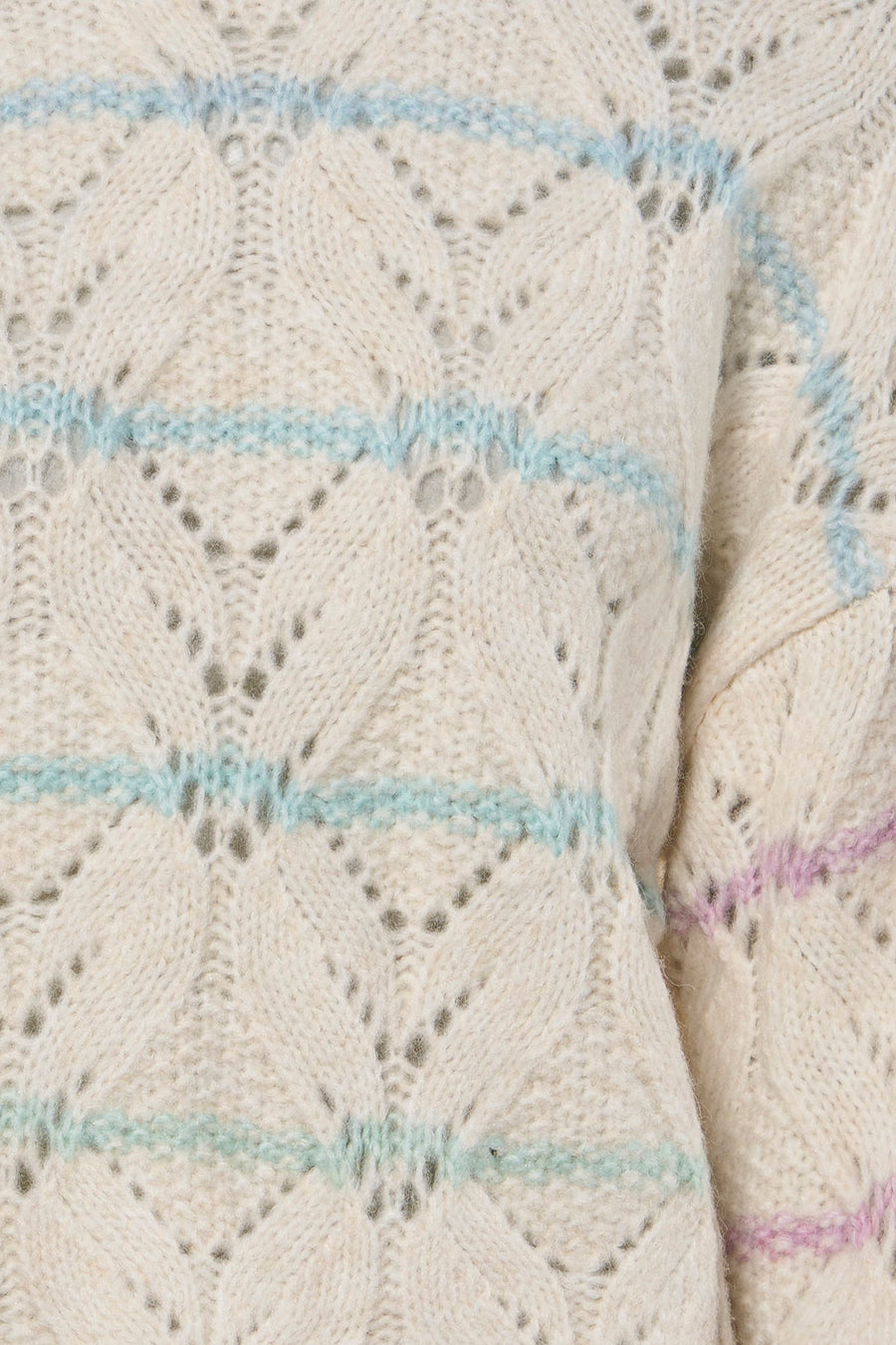 Gilet beige avec col rond de VERO MODA, avec un motif ajouré et des rayures dans des couleurs pastel.