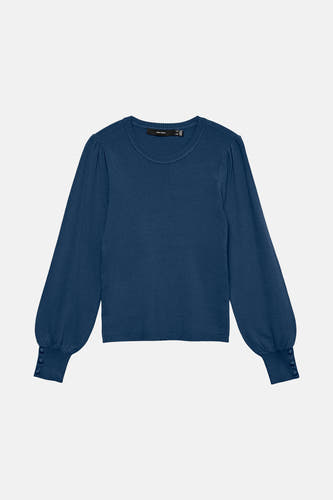 T-shirt bleu avec col rond de VERO MODA, à longues manches et détails de boutons sur les poignets.