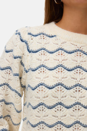 T-shirt bleu avec col rond de VERO MODA, motif tricoté avec des détails ajourés.