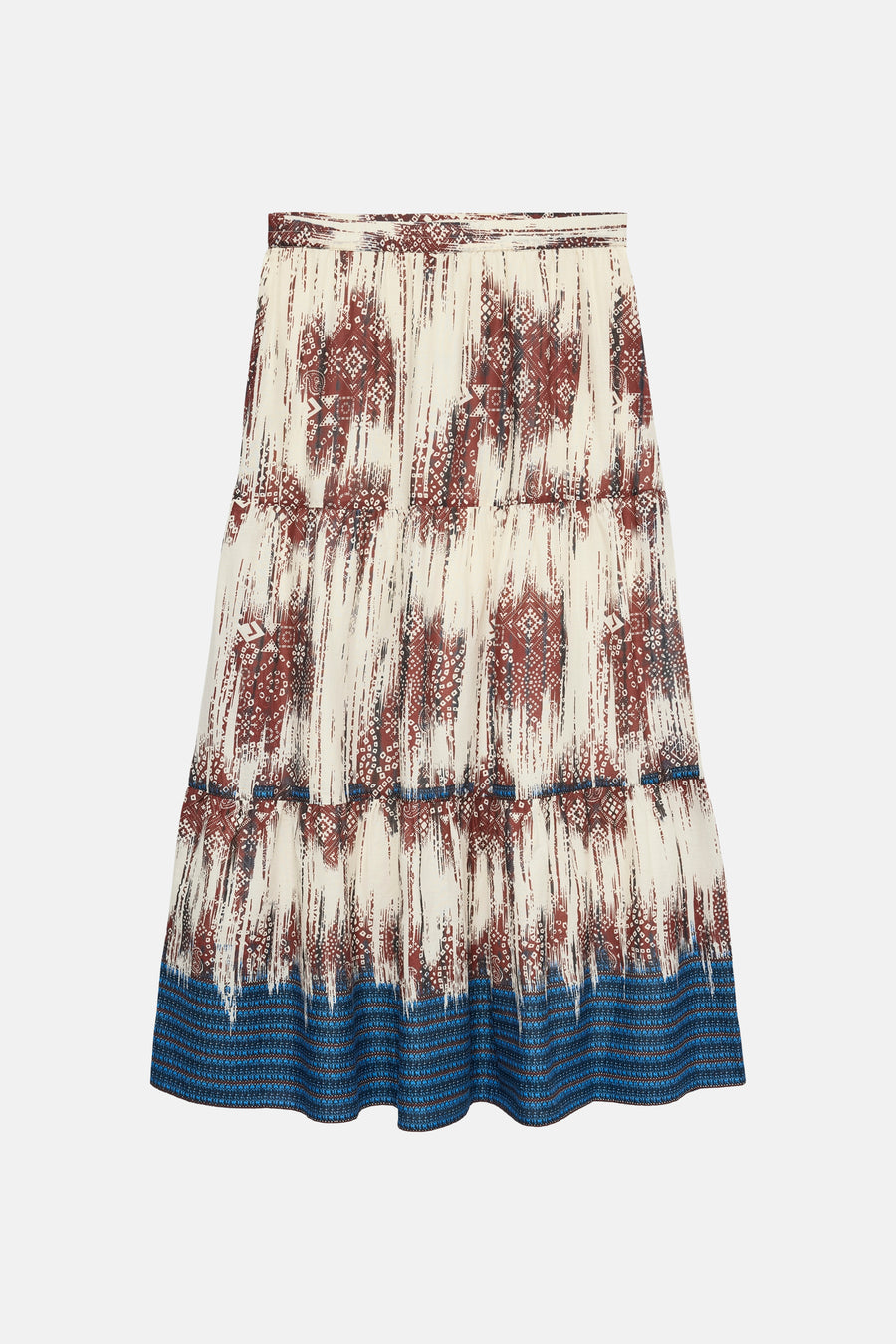 Jupe longue multicolore à volants de VERO MODA avec imprimés ethniques terracotta brossé et bleu.