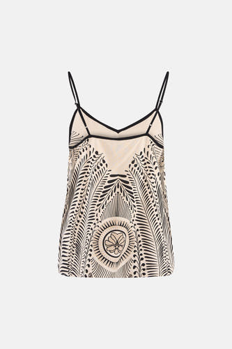 Multicolor mouwloze blouse met zwart-wit bladerenprint van VERO MODA®, crèmekleurig met zwarte bandjes en centrale bloemmotief, front view