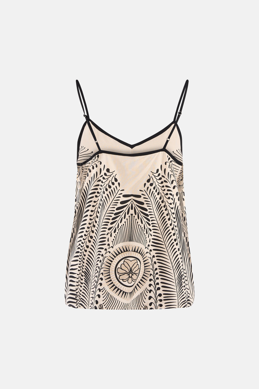 Multicolor mouwloze blouse met zwart-wit bladerenprint van VERO MODA®, crèmekleurig met zwarte bandjes en centrale bloemmotief, front view