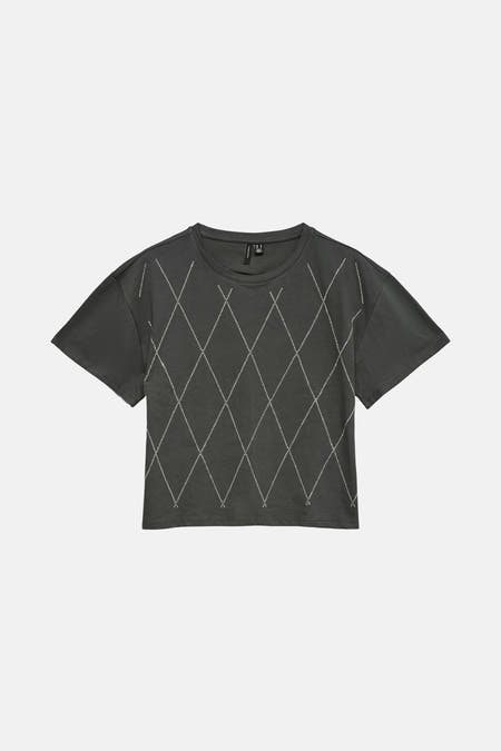 T-shirt gris à manches courtes de Vero Moda, avec motif de lunettes en strass.