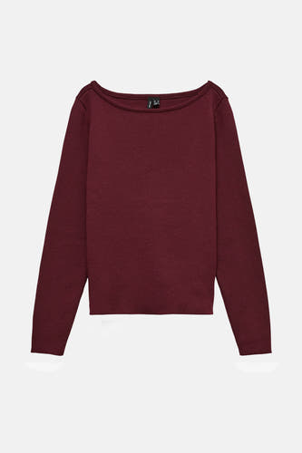Pull Bordeaux avec col rond de VERO MODA®, tricoté fin et longues manches.