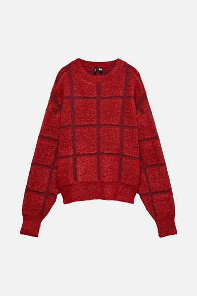 Sweat-shirt rouge avec col rond de VERO MODA, doté d'un motif à carreaux et d'une texture grossière.