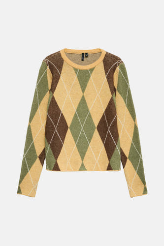 Sweat-shirt avec col rond de VERO MODA, à motifs carrés en marron et vert.