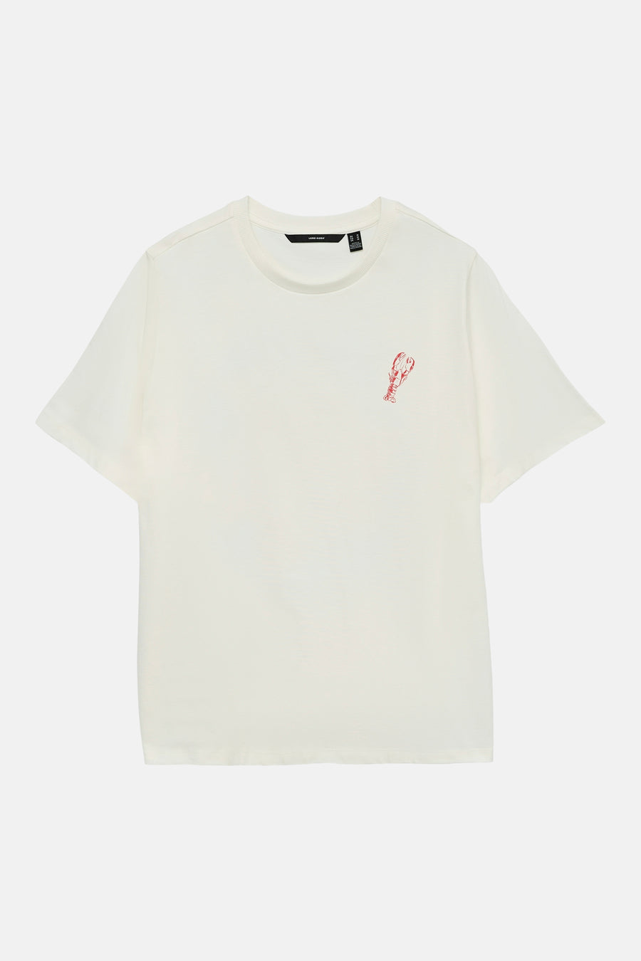 T-shirt blanc VERO MODA avec une illustration de homard rouge sur la poitrine et une étiquette de marque dans le cou.