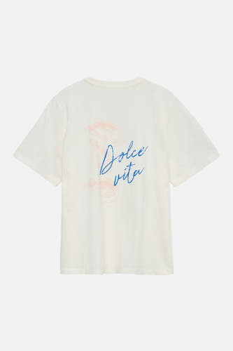 T-shirt blanc VERO MODA® avec imprimé au dos 'Dolce vita' bleu et formes abstraites roses.