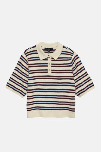 Pull écru à col en V de VERO MODA, avec des rayures marron et bleues et une fermeture à boutons.