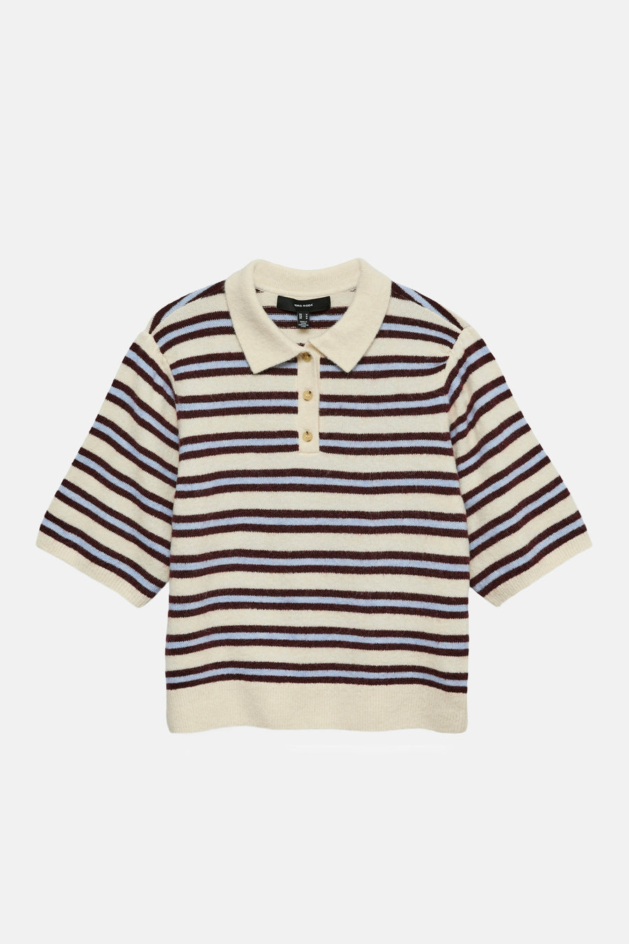 Pull écru à col en V de VERO MODA, avec des rayures marron et bleues et une fermeture à boutons.
