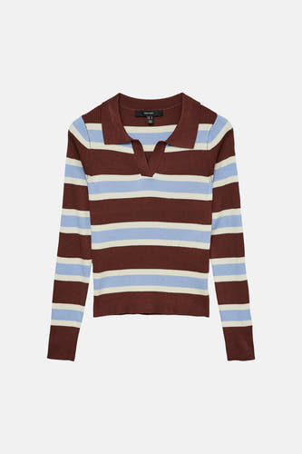 Pull col V multicolore de Vero Moda à manches longues et rayures horizontales marron, bleu et blanc.