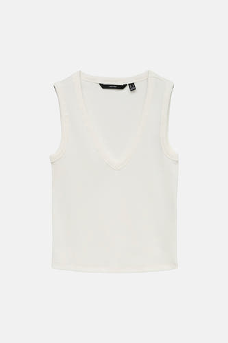 Witte mouwloze top met diepe V-hals van VERO MODA, ribbelstructuur, voorzijde weergave