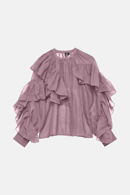 Blouse rose à longues manches de VERO MODA, avec des plis et une légère texture.