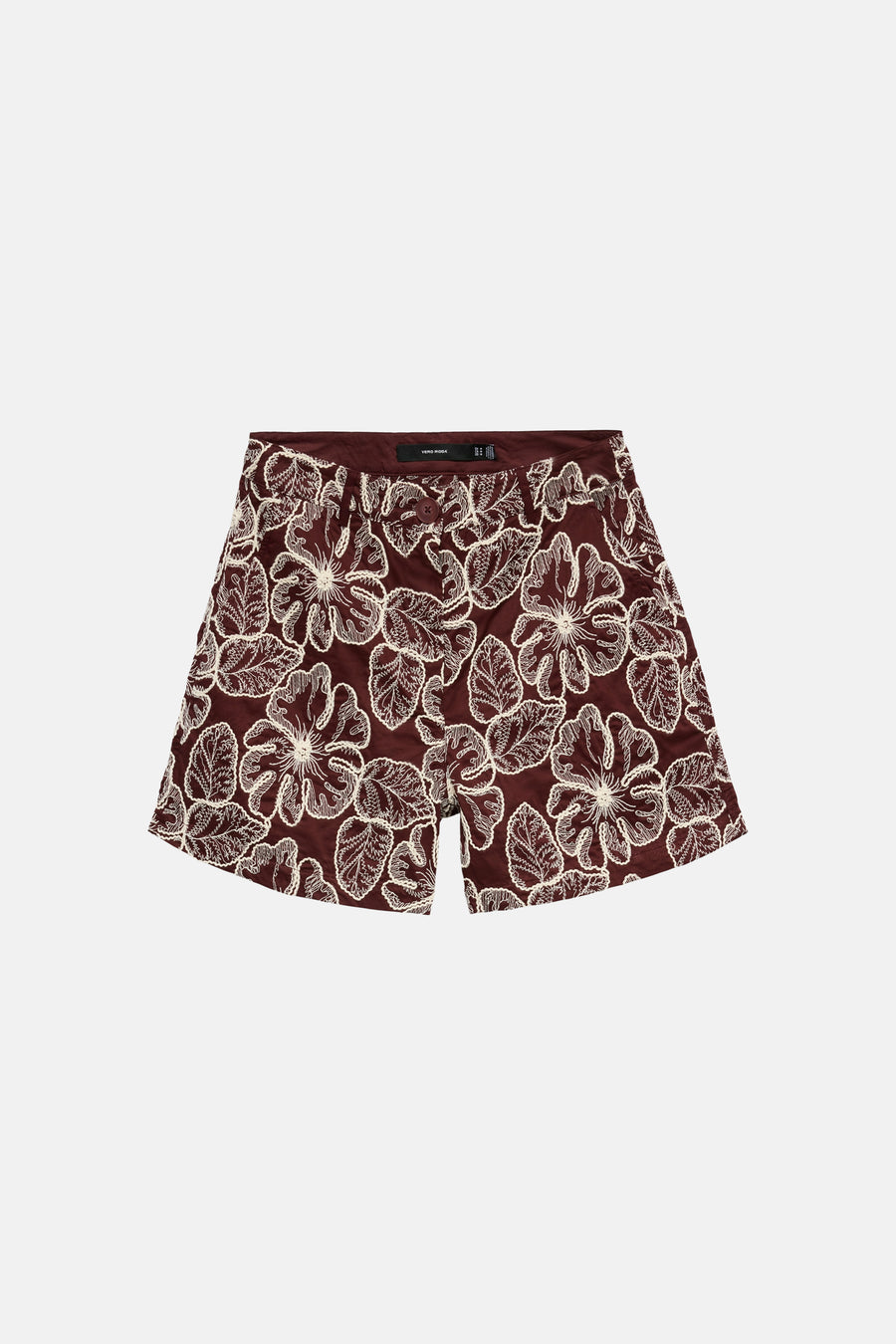 Short marron de VERO MODA® avec motifs floraux et feuillages brodés de couleur crème.