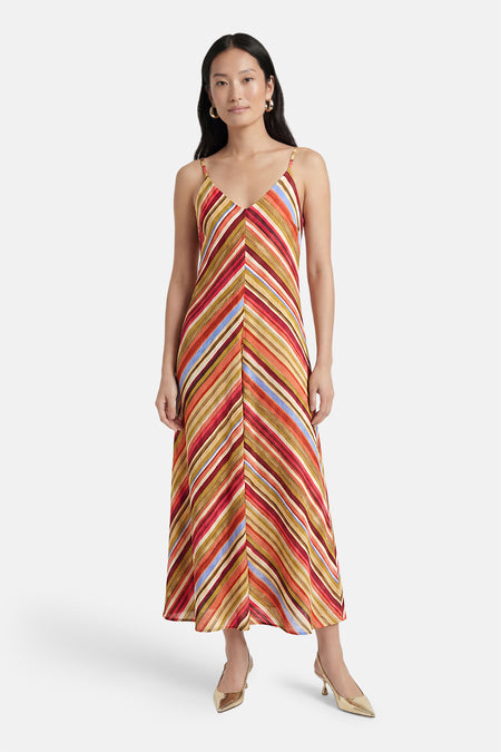 Multicolor gestreepte mouwloze jurk van VERO MODA met V-hals en diagonale strepen.