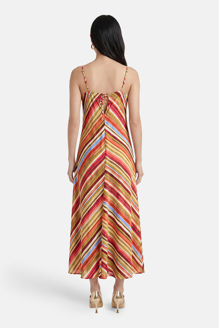 Veelkleurig mouwloos kleedje van VERO MODA met diagonale strepen, open rug en strikdetail, achteraanzicht.