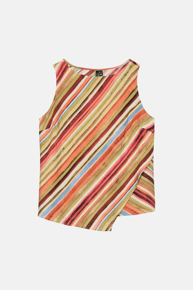 Chemisier sans manches multicolore de VERO MODA®, avec un motif à rayures diagonales et un ourlet asymétrique.