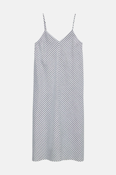 Robe rayée bleu et blanc de VERO MODA® avec fines bretelles, col en V et motif chevron diagonal.